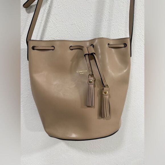 Camelia Roma Taupe Leather Bucket Bag Nude Red Interior - Picture 2 of 10